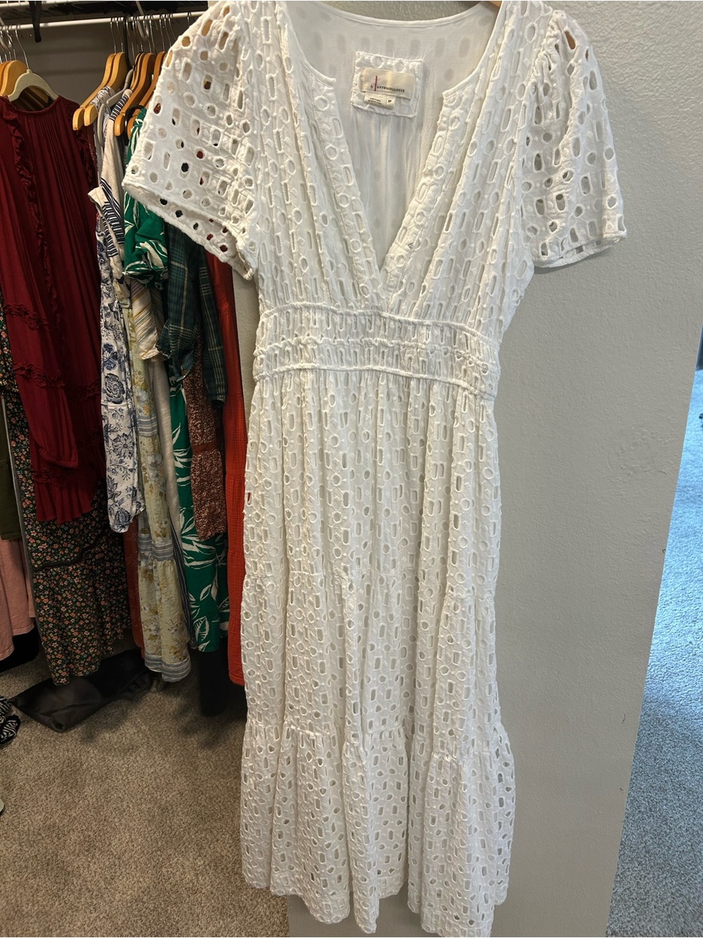 Anthropologie White Eyelet V-Neck Midi Dress